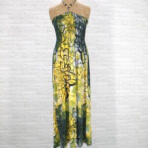 CHESLEY Sundress Maxi Shirred Beaded Halter Floral Resortwear Yellow Black XL